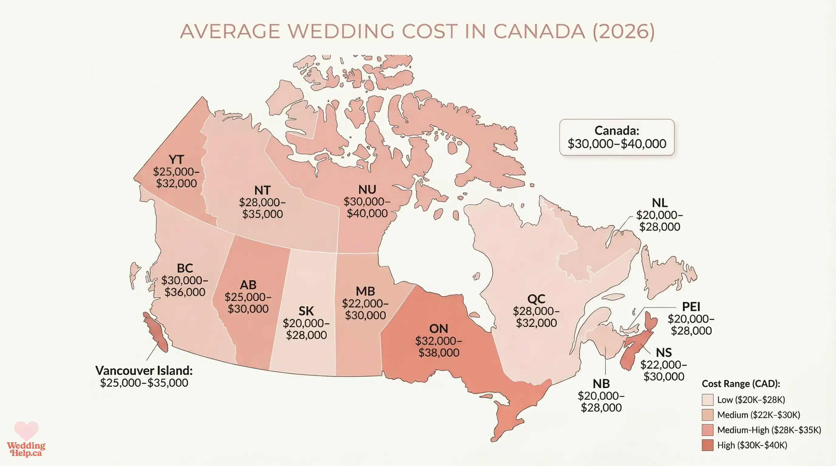Map of average wedding costs across Canada by province