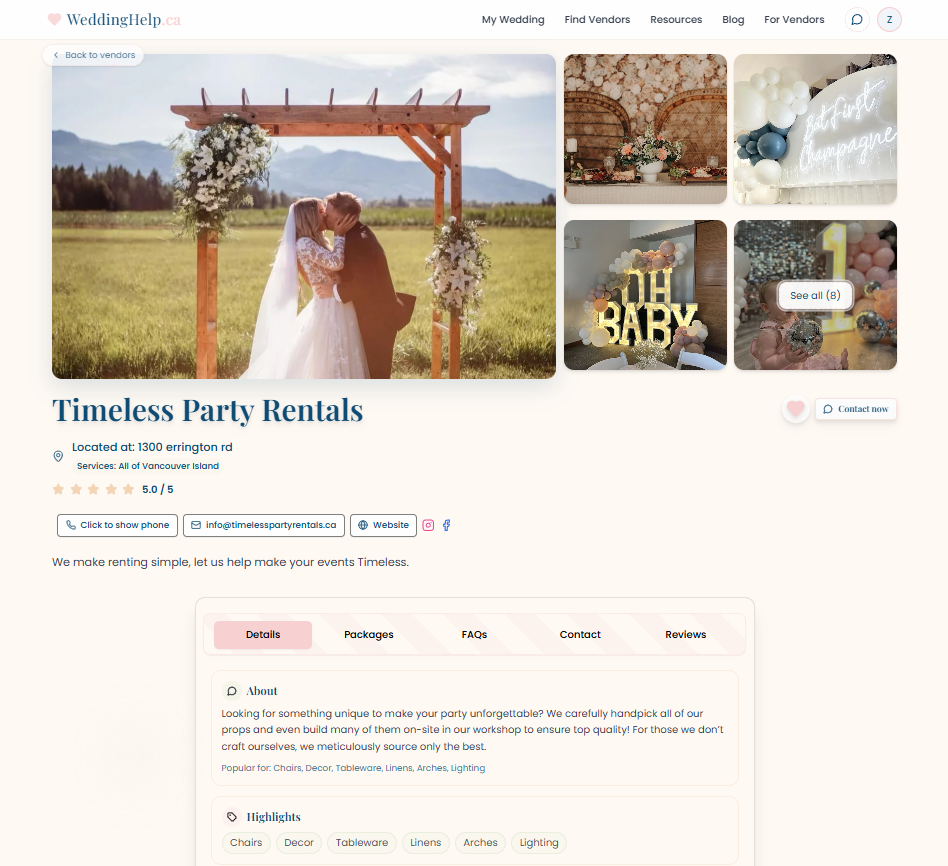 WeddingHelp vendor profile page example showing photos, contact buttons, and vendor details