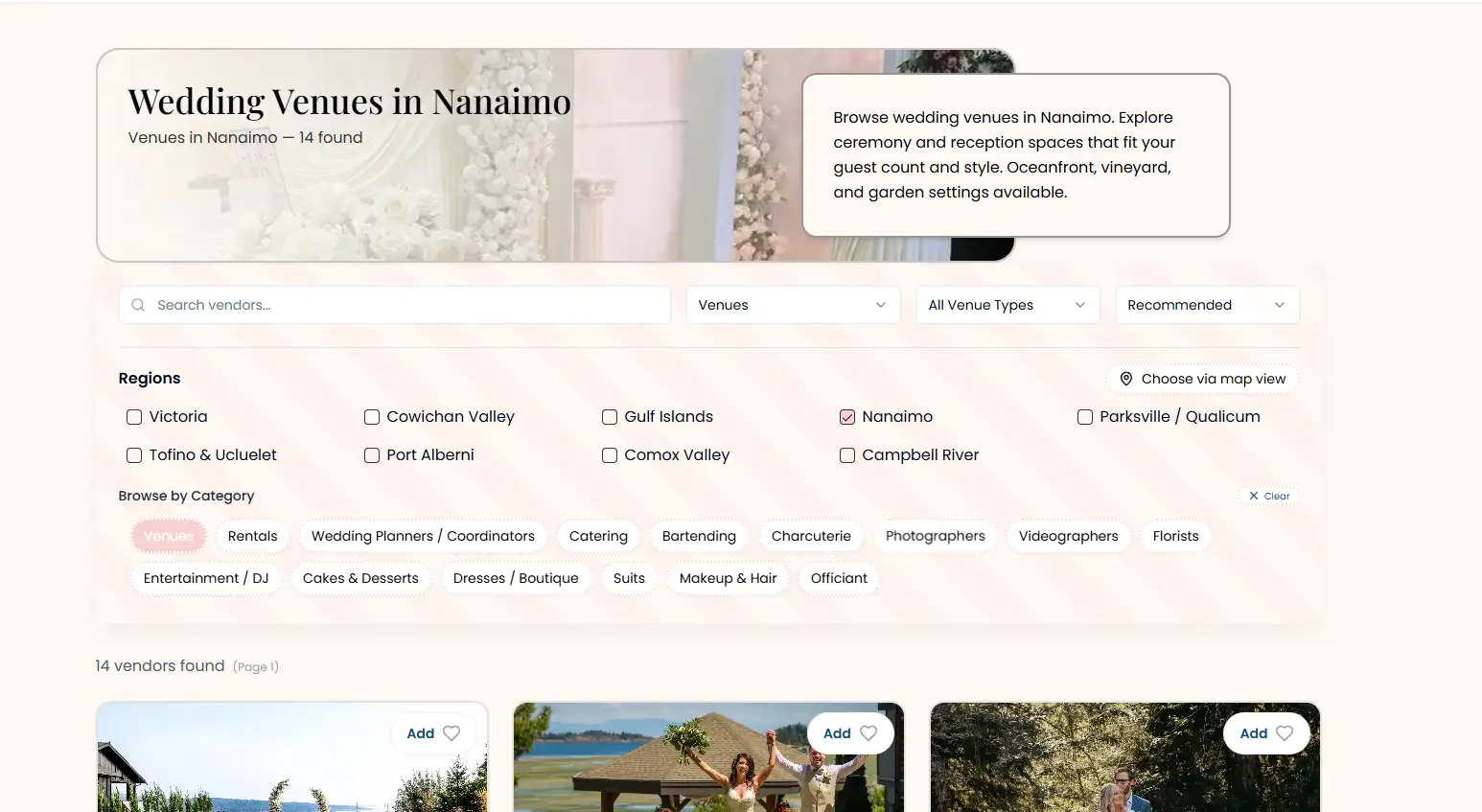 WeddingHelp vendor discovery preview showing curated vendor listings and saved favorites.