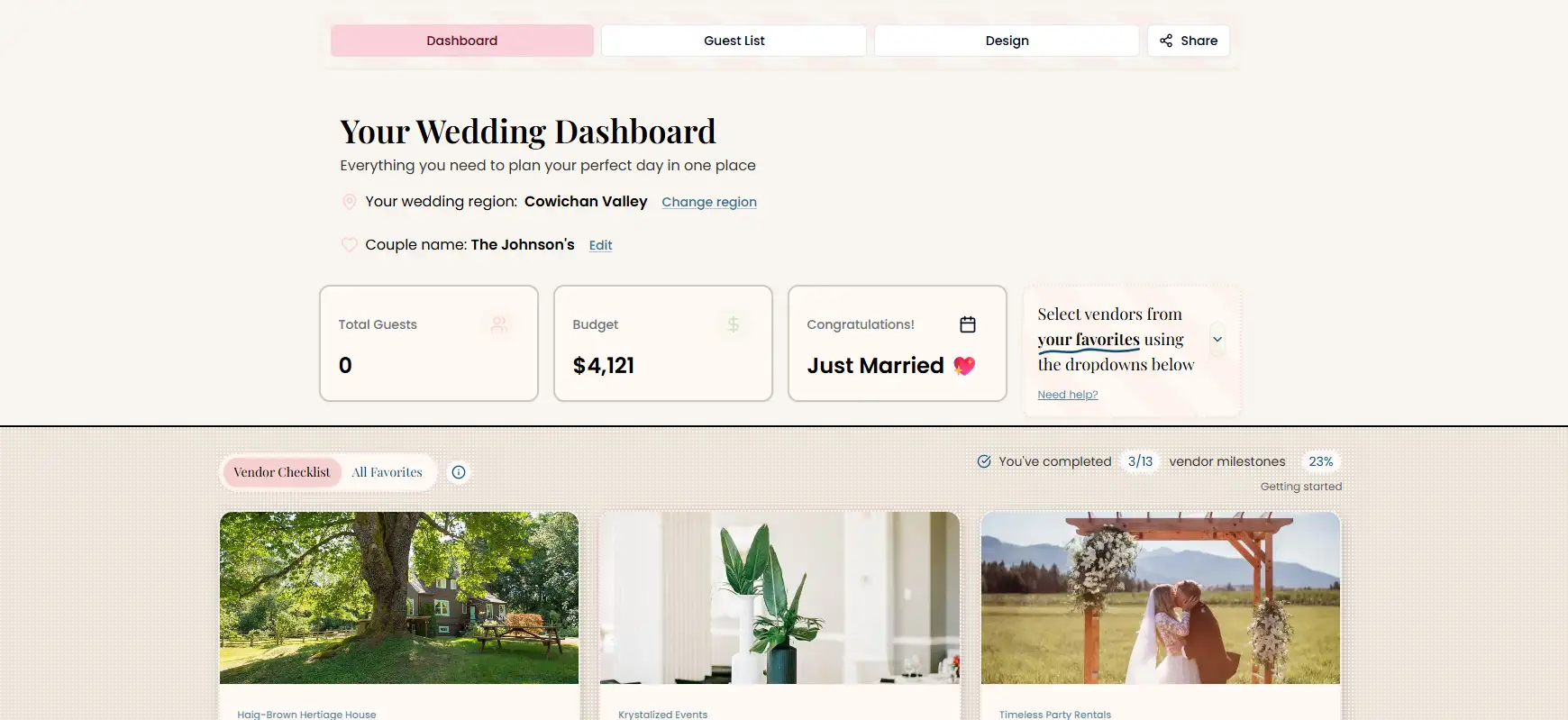 WeddingHelp My Wedding dashboard preview with checklist progress and saved planning items.