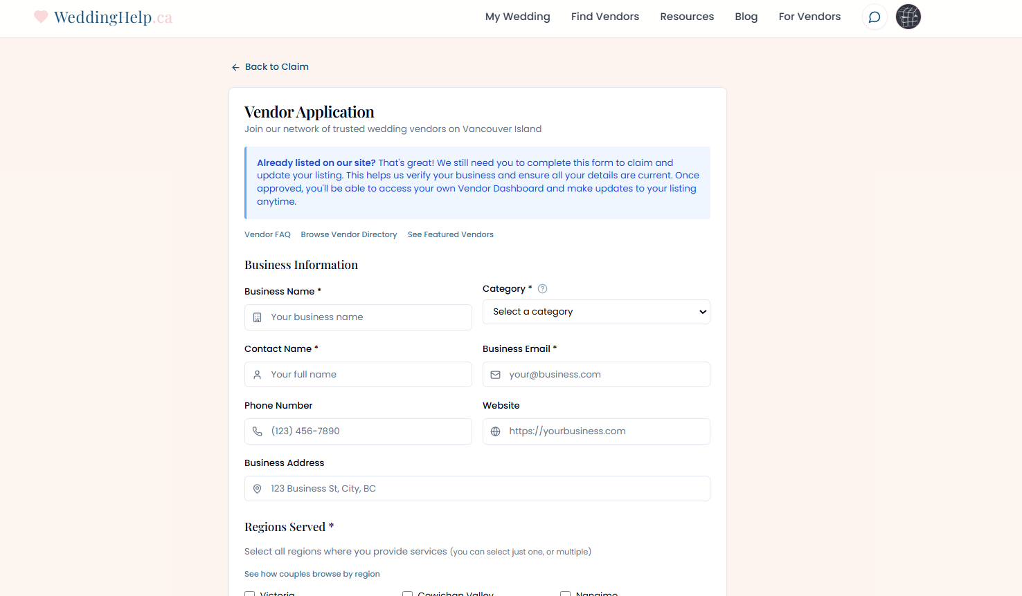 WeddingHelp vendor application form screenshot
