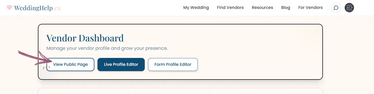 Click 'View Public Page' to navigate to your profile View public page link