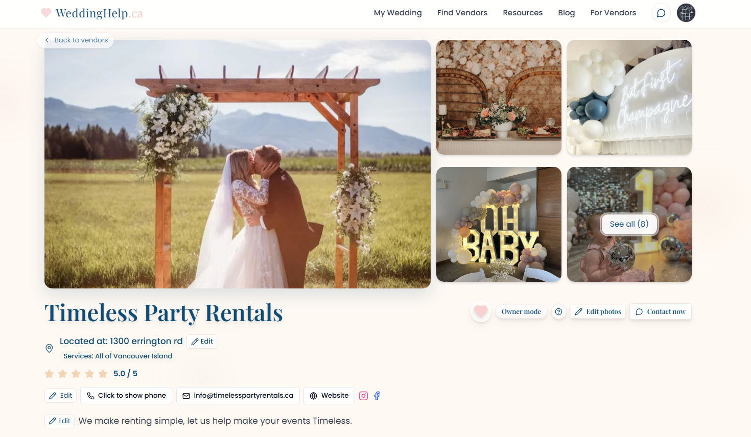 Owner mode edit buttons on a vendor profile