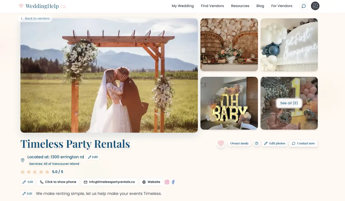 Owner mode edit buttons on a vendor profile