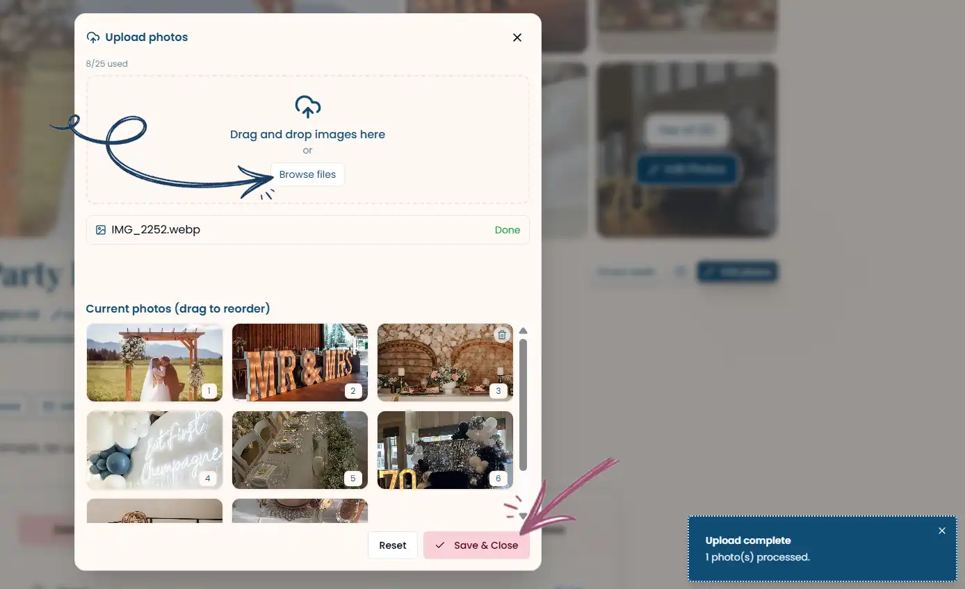 Use the modal to upload, reorder, or remove your photos Photo management modal