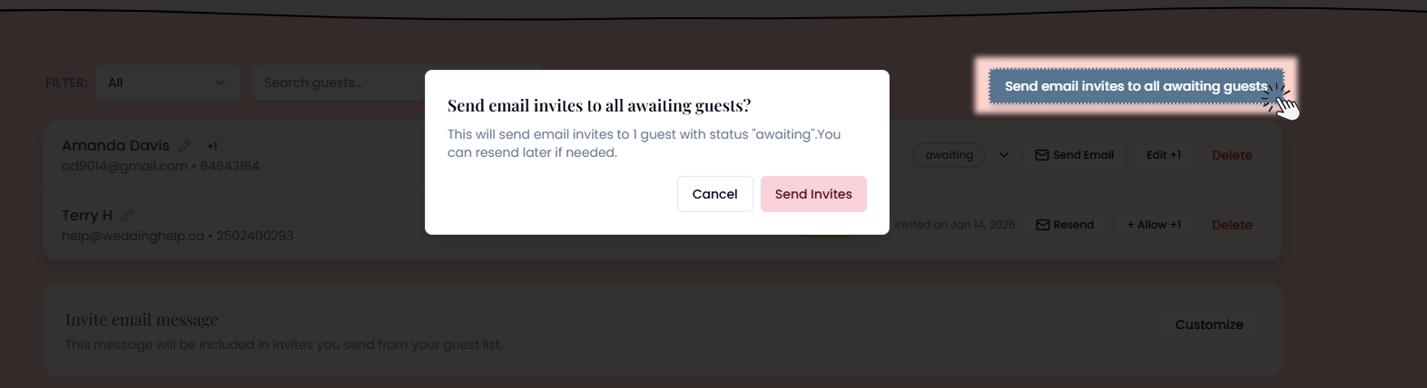 WeddingHelp bulk invite button and confirmation dialog for sending email invites to all awaiting guests