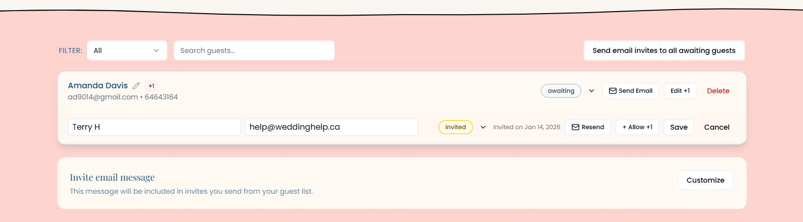 WeddingHelp guest list editing controls (edit guest details, manage status, and plus-ones)