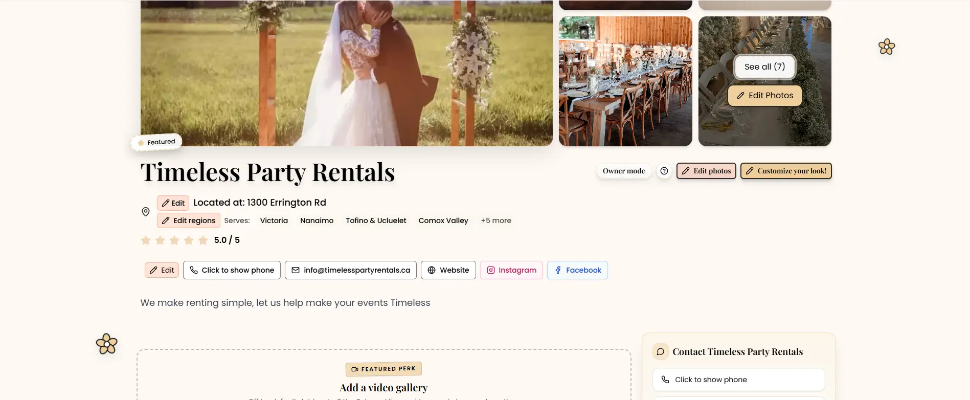 Owner mode: edit photos, details, and your look directly on the live page Vendor profile in owner mode with edit buttons