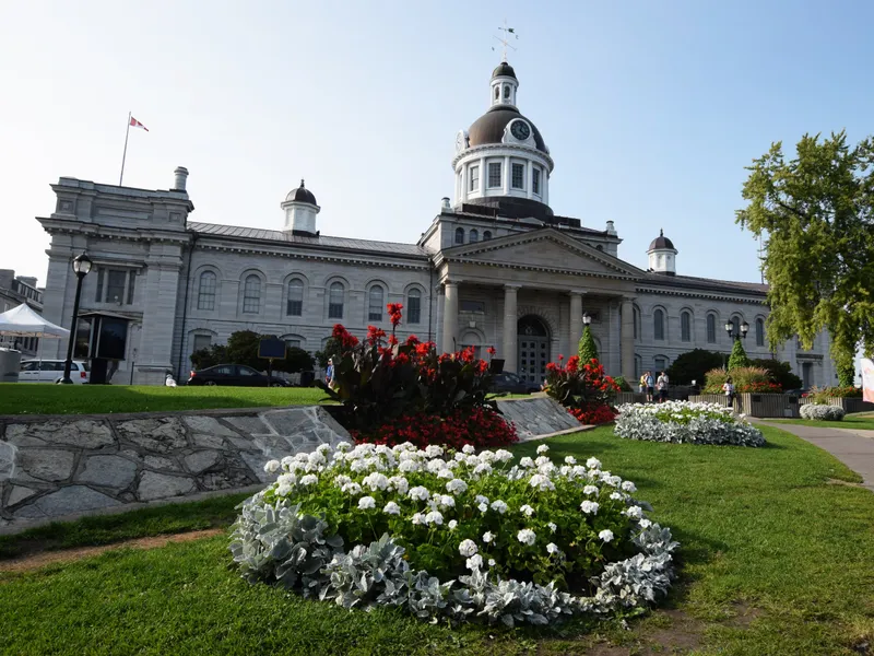 Kingston City Hall behind summer flower beds