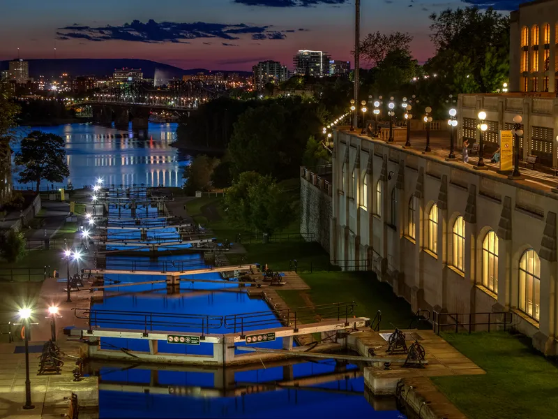Rideau Canal locks at dusk in Ottawa