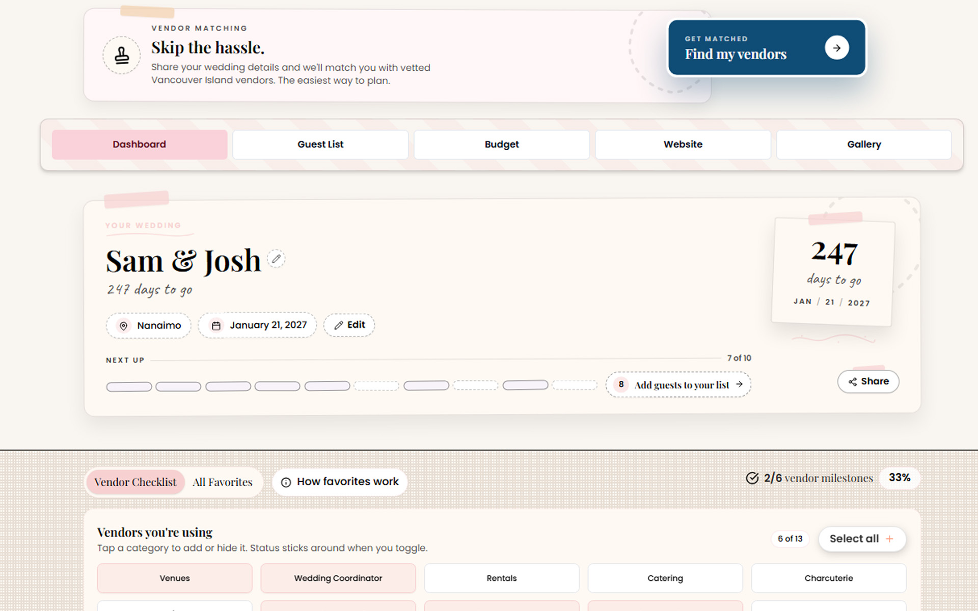 My Wedding dashboard with guest list, vendor checklist, and budget tracker tools