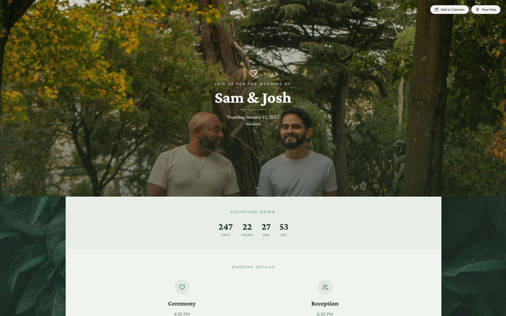 WeddingHelp wedding website builder preview with template, photo gallery, and day-of itinerary